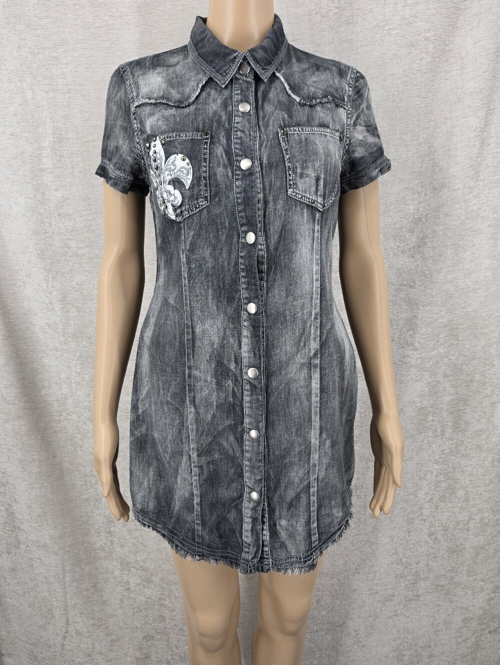 Miss Me Black Wash Snap Tunic Top Shirt or Micro Mini Dress Studs Cross Cotton